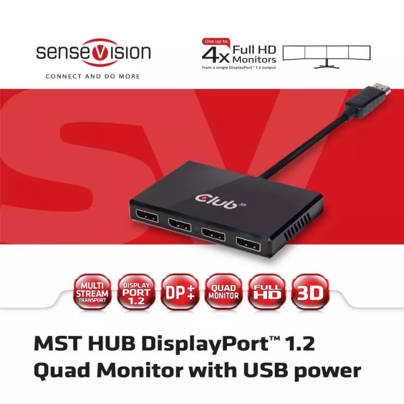 CLUB3D Multi Stream Transport Hub DisplayPort 1.2 Quad Monitor alimentado por USB