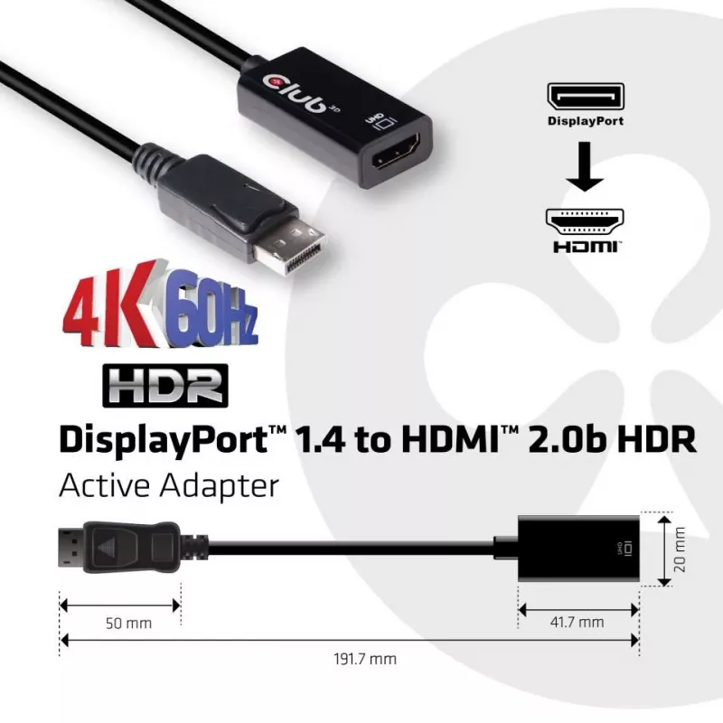 Adaptador ativo DisplayPort 1.4 para HDMI 2.0b CLUB3D CAC-1080