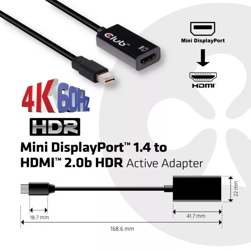 Adaptador ativo CLUB3D Mini DisplayPort 1.4 para HDMI 2.0b HDR