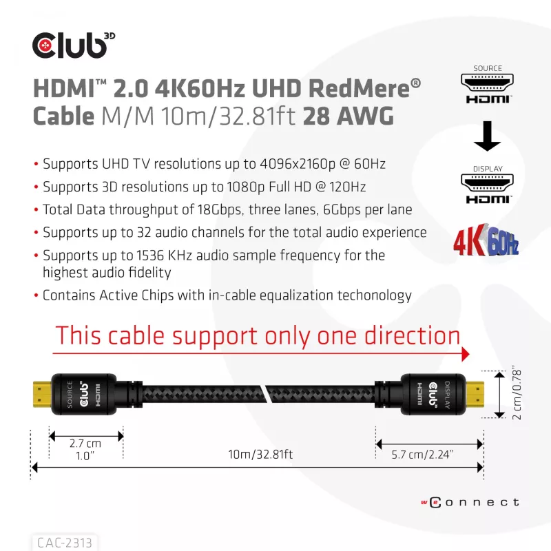 Cabo CLUB3D HDMI 2.0 4K60Hz RedMere 10m/32,8ft