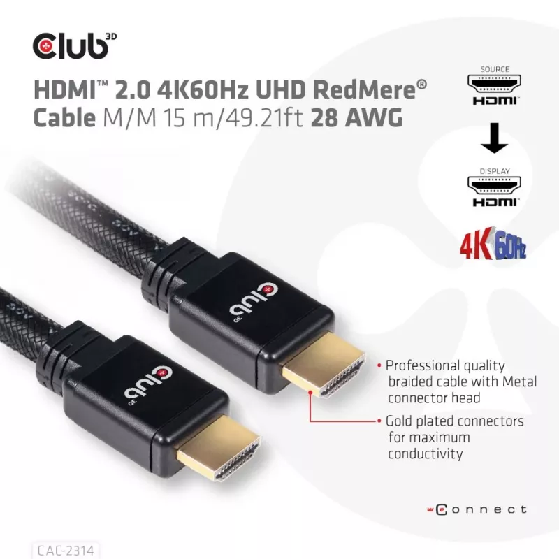 Cabo CLUB3D HDMI 2.0 4K60Hz RedMere 15m/49,2ft