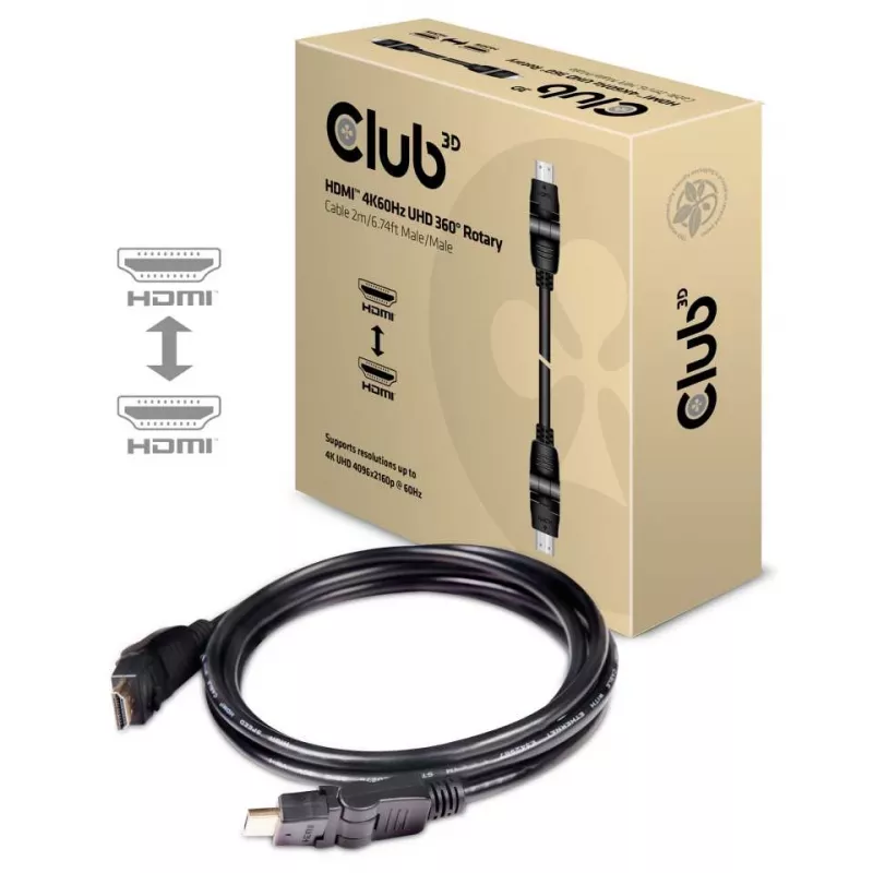 Club 3D CAC-1360 cabo HDMI 2.0 com Ethernet, rotativo 360°, 4K60Hz UHD, M/M, 2 m, preto