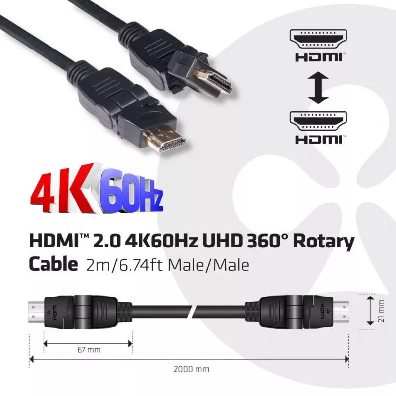 Club 3D CAC-1360 cabo HDMI 2.0 com Ethernet, rotativo 360°, 4K60Hz UHD, M/M, 2 m, preto