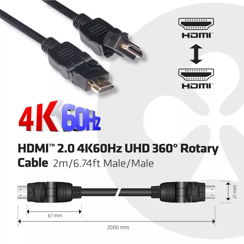 Club 3D CAC-1360 cabo HDMI 2.0 com Ethernet, rotativo 360°, 4K60Hz UHD, M/M, 2 m, preto