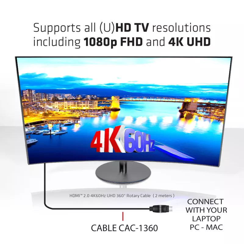 Club 3D CAC-1360 cabo HDMI 2.0 com Ethernet, rotativo 360°, 4K60Hz UHD, M/M, 2 m, preto