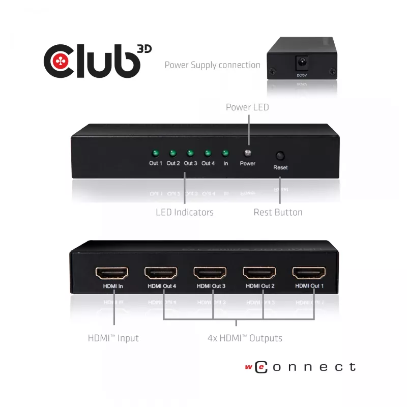 CLUB3D HDMI™ 4K@60Hz UHD Splitter alimentação AC 4 portas