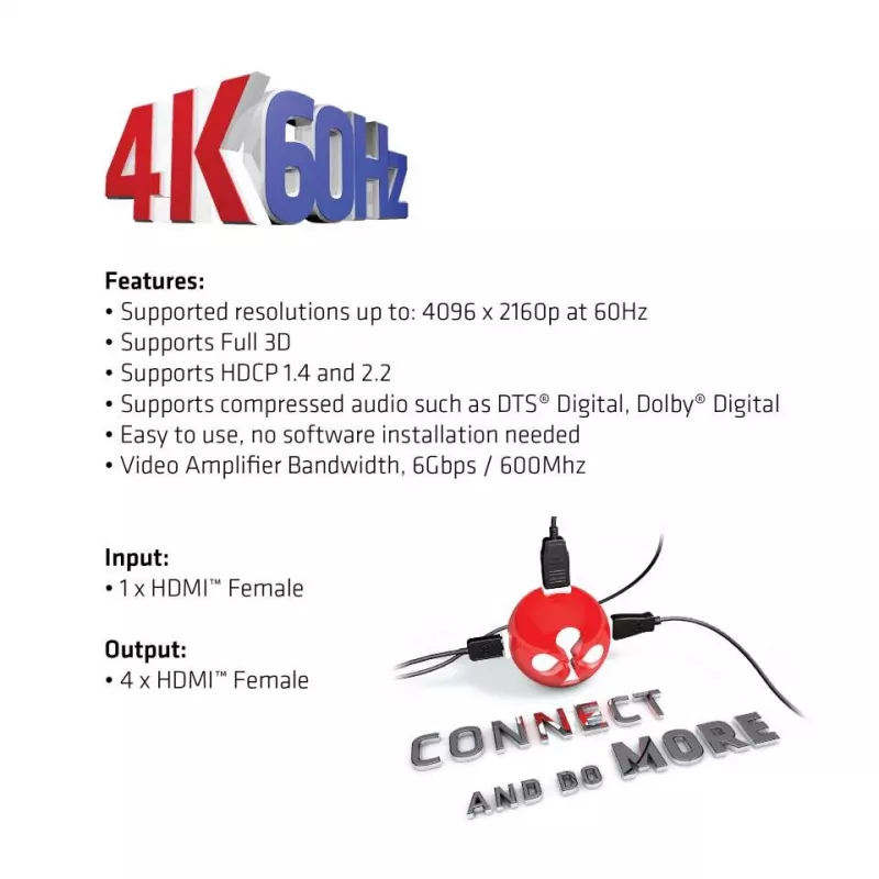 CLUB3D HDMI™ 4K@60Hz UHD Splitter alimentação AC 4 portas