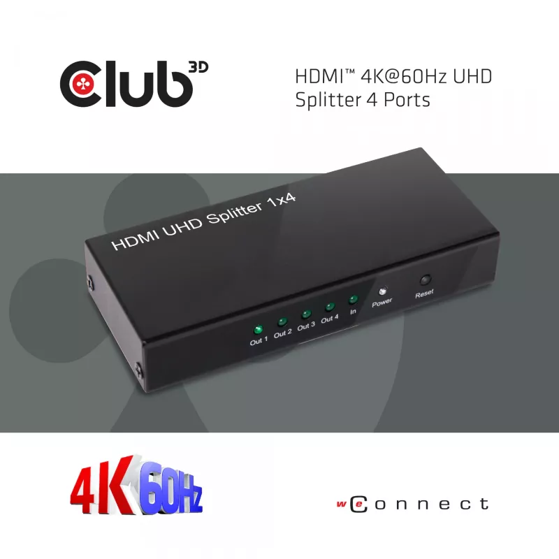CLUB3D HDMI™ 4K@60Hz UHD Splitter alimentação AC 4 portas