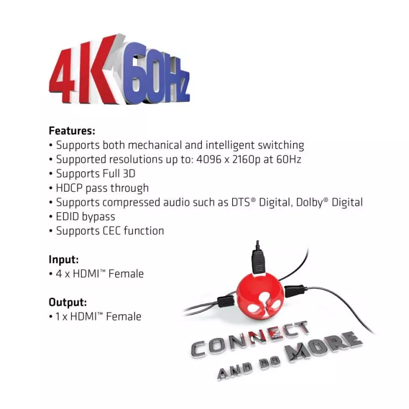 CLUB3D HDMI™ 2.0 UHD 4K60Hz SwitchBox 4 portas com comando IR