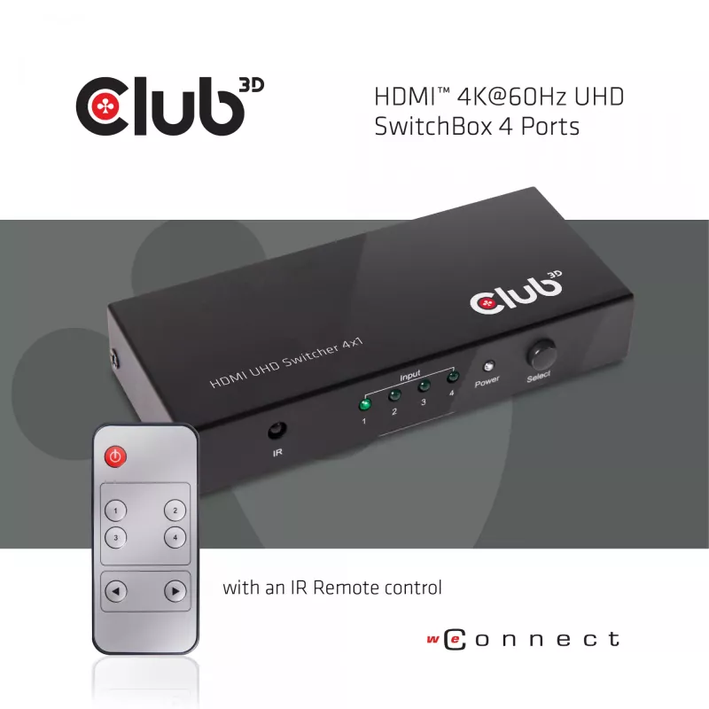 CLUB3D HDMI™ 2.0 UHD 4K60Hz SwitchBox 4 portas com comando IR