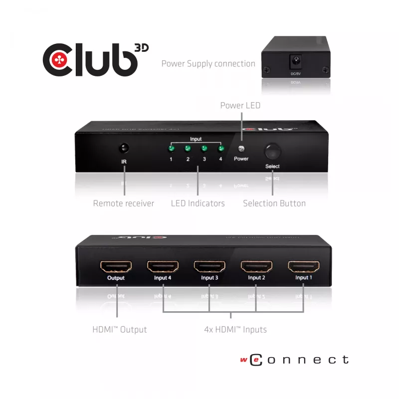 CLUB3D HDMI™ 2.0 UHD 4K60Hz SwitchBox 4 portas com comando IR