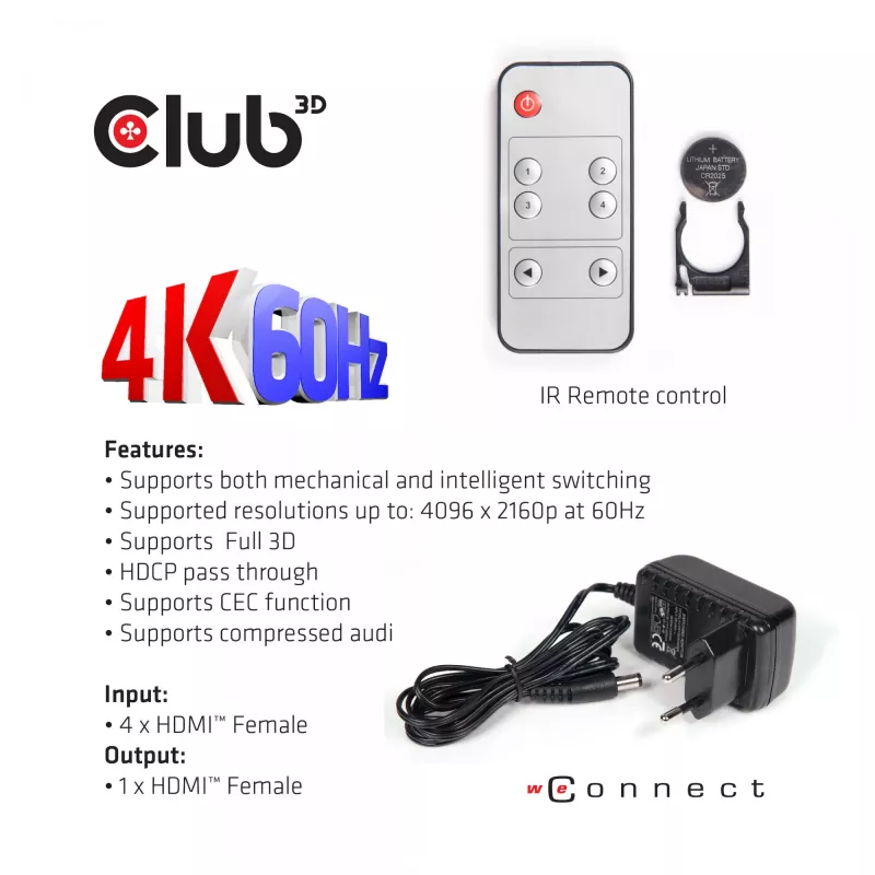 CLUB3D HDMI™ 2.0 UHD 4K60Hz SwitchBox 4 portas com comando IR
