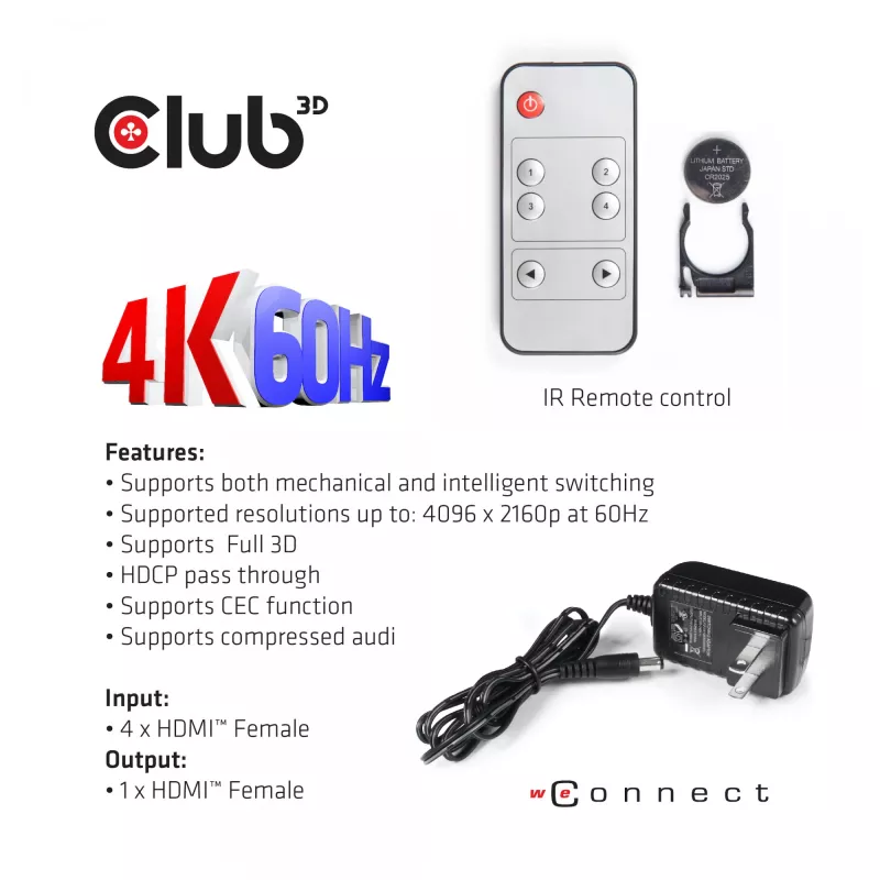 CLUB3D HDMI™ 2.0 UHD 4K60Hz SwitchBox 4 portas com comando IR