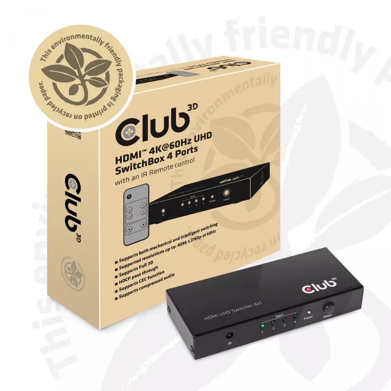 CLUB3D HDMI™ 2.0 UHD 4K60Hz SwitchBox 4 portas com comando IR