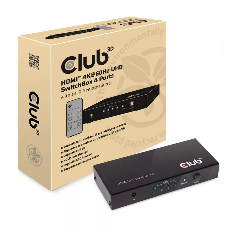 CLUB3D HDMI™ 2.0 UHD 4K60Hz SwitchBox 4 portas com comando IR