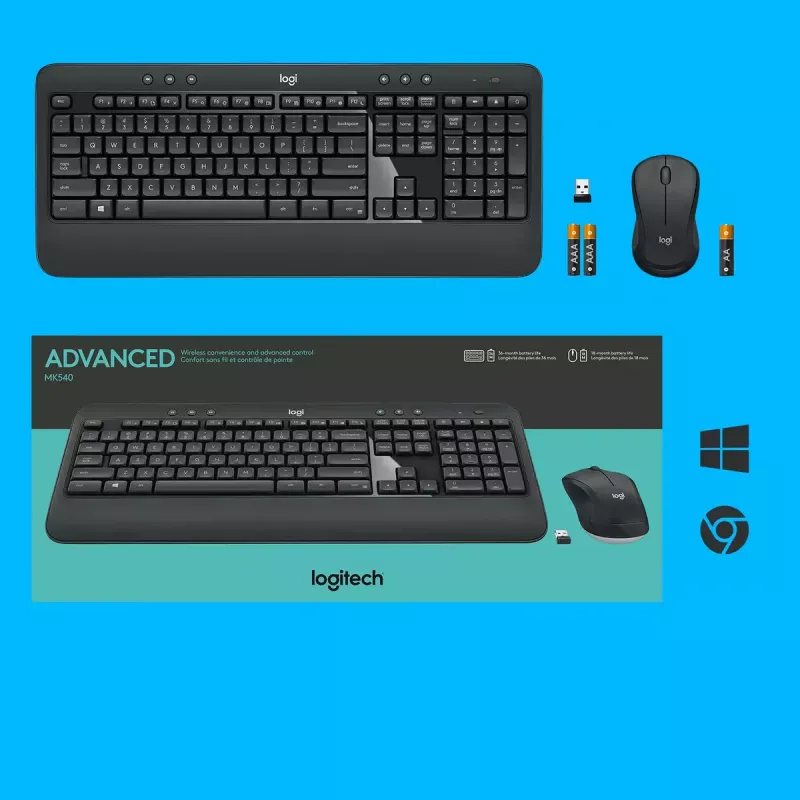 Conjunto de teclado e rato sem fios Logitech MK540 Advanced – teclado QWERTZ de tamanho completo, recetor USB, layout US, rato ergonómico, preto/branco