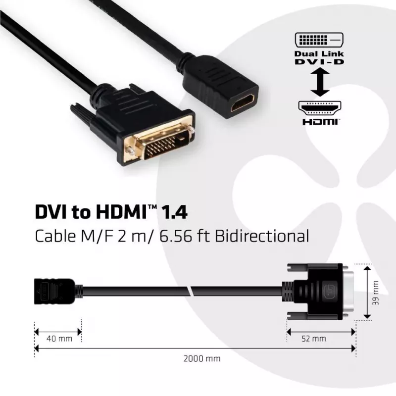 Club 3D CAC-1211 cabo de DVI-D para HDMI 1.4, Dual Link, M/F, 2 m, preto