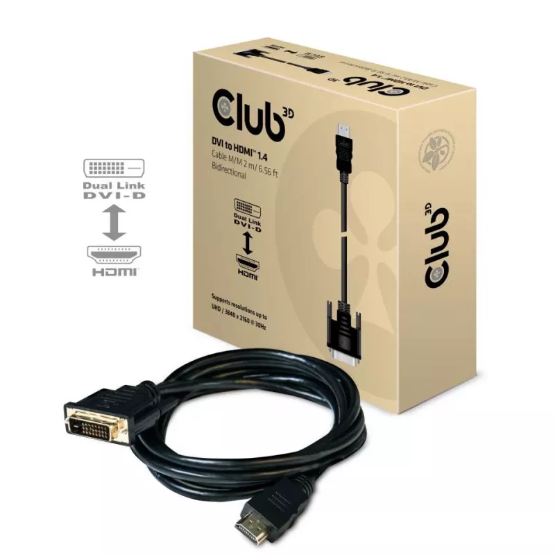 Club 3D CAC-1210 cabo DVI-D para HDMI 1.4, Dual Link, bidirecional, 4K, M/M, 2 m, preto