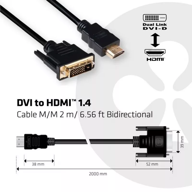 Club 3D CAC-1210 cabo DVI-D para HDMI 1.4, Dual Link, bidirecional, 4K, M/M, 2 m, preto