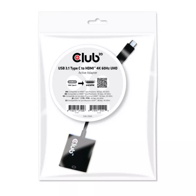 Adaptador ativo USB 3.1 Type-C para HDMI 2.0 UHD 4K 60Hz CLUB3D CAC-2504