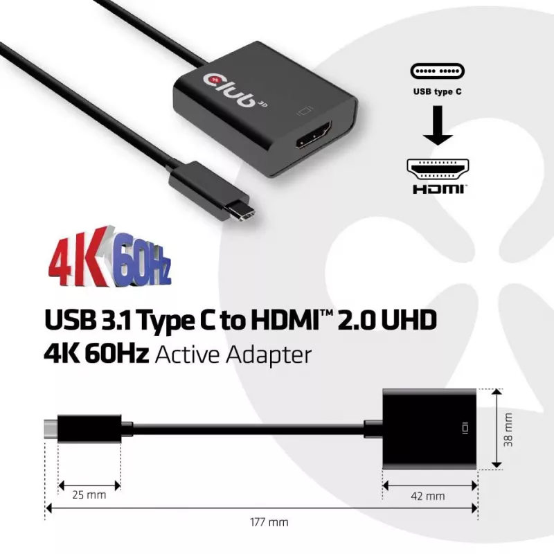 Adaptador ativo USB 3.1 Type-C para HDMI 2.0 UHD 4K 60Hz CLUB3D CAC-2504
