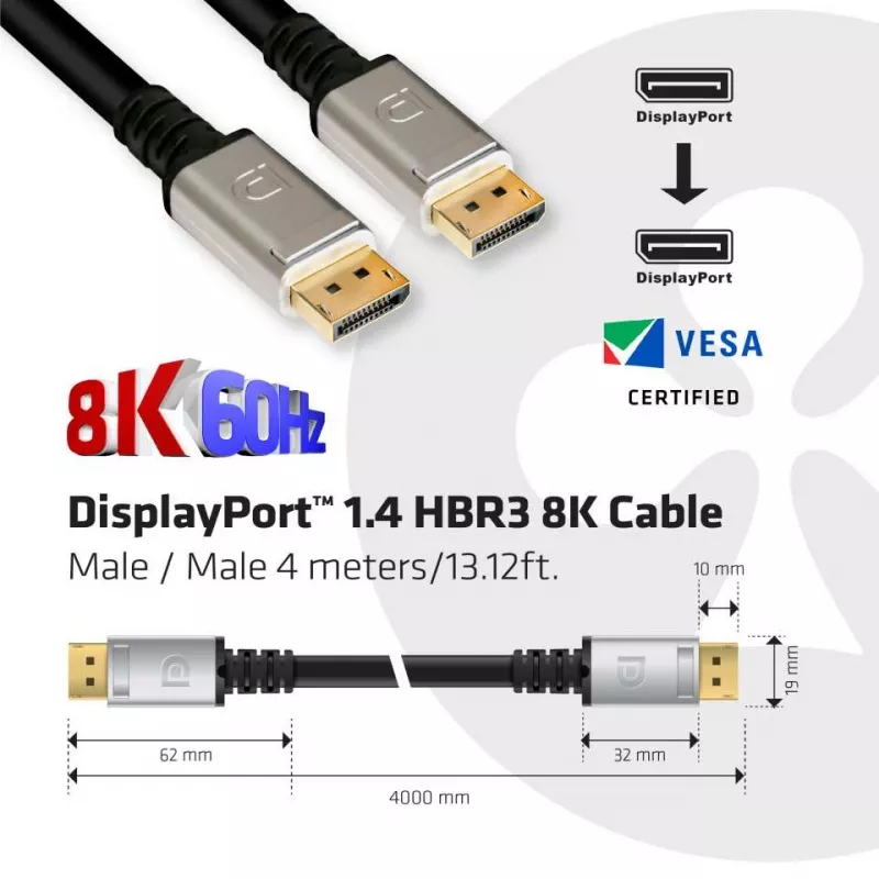 Club 3D CAC-1069 cabo DisplayPort 1.4 HBR3 8K 60 Hz, 32,4 Gbps, DSC, HDR, certificado VESA, M/M, 4 m, preto