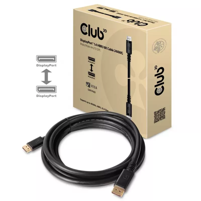 Club 3D CAC-1069B cabo DisplayPort 1.4 HBR3 8K 60 Hz, 32,4 Gbps, DSC 1.2, certificado VESA, M/M, 4 m, preto