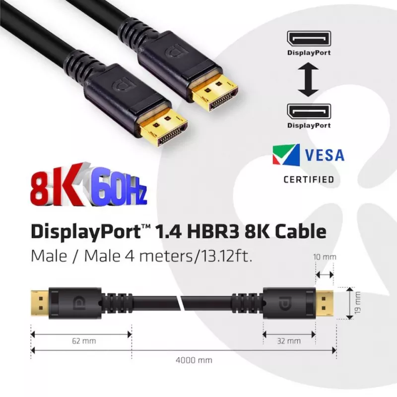 Club 3D CAC-1069B cabo DisplayPort 1.4 HBR3 8K 60 Hz, 32,4 Gbps, DSC 1.2, certificado VESA, M/M, 4 m, preto