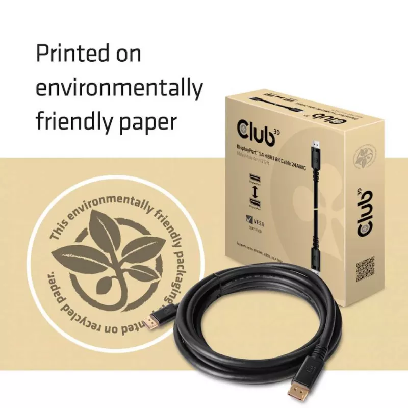 Club 3D CAC-1069B cabo DisplayPort 1.4 HBR3 8K 60 Hz, 32,4 Gbps, DSC 1.2, certificado VESA, M/M, 4 m, preto