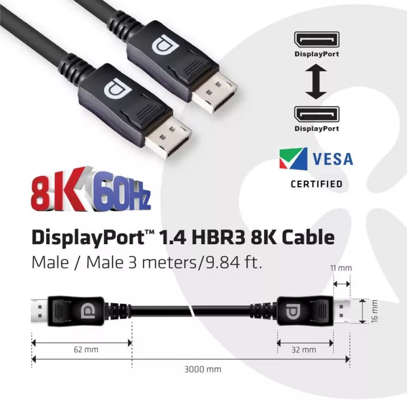 Cabo CLUB3D DisplayPort 1.4 HBR3 8K 28AWG M/M 3m /9,84ft