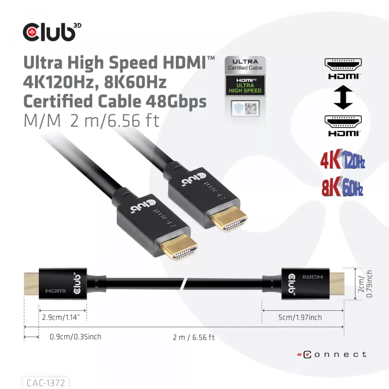 Cabo CLUB3D Ultra High Speed HDMI 4K120Hz, 8K60Hz certificado 48 Gbit/s M/M 2 m