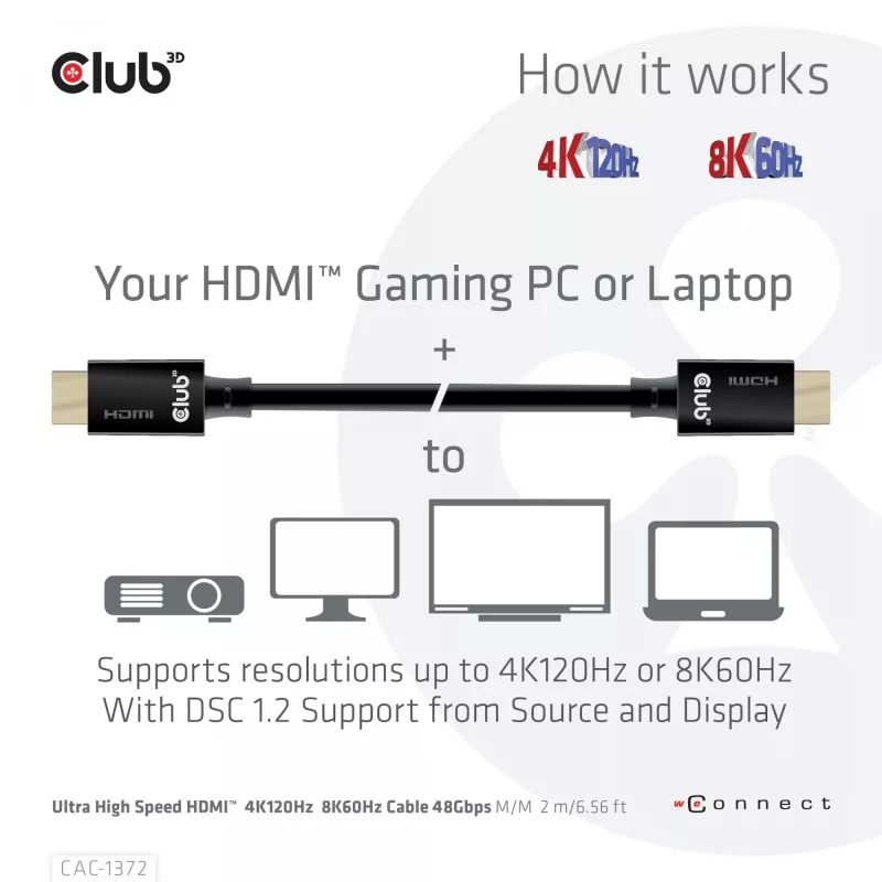 Cabo CLUB3D Ultra High Speed HDMI 4K120Hz, 8K60Hz certificado 48 Gbit/s M/M 2 m