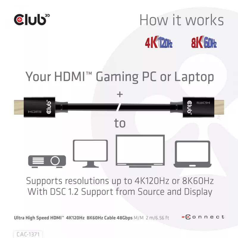 Club 3D CAC-1371 cabo HDMI 2.1 Ultra High Speed certificado, 48 Gbps, 4K 120 Hz / 8K 60 Hz / 10K 120 Hz, ARC, HDR, M/M, 1 m