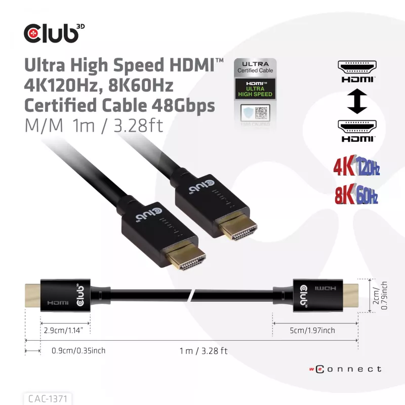 Club 3D CAC-1371 cabo HDMI 2.1 Ultra High Speed certificado, 48 Gbps, 4K 120 Hz / 8K 60 Hz / 10K 120 Hz, ARC, HDR, M/M, 1 m
