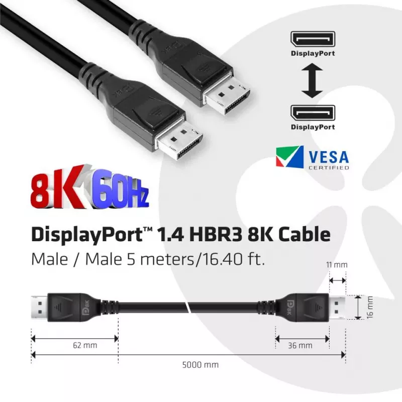 Club 3D CAC-1061 cabo DisplayPort 1.4 HBR3 8K 60 Hz, 32,4 Gbps, DSC 1.2, certificado VESA, com trinco, M/M, 5 m, preto