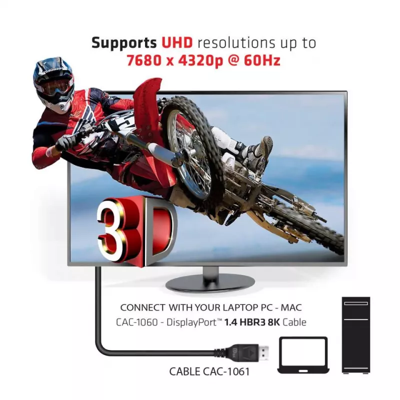Club 3D CAC-1061 cabo DisplayPort 1.4 HBR3 8K 60 Hz, 32,4 Gbps, DSC 1.2, certificado VESA, com trinco, M/M, 5 m, preto