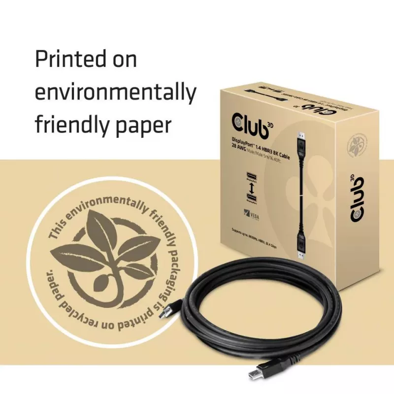 Club 3D CAC-1061 cabo DisplayPort 1.4 HBR3 8K 60 Hz, 32,4 Gbps, DSC 1.2, certificado VESA, com trinco, M/M, 5 m, preto