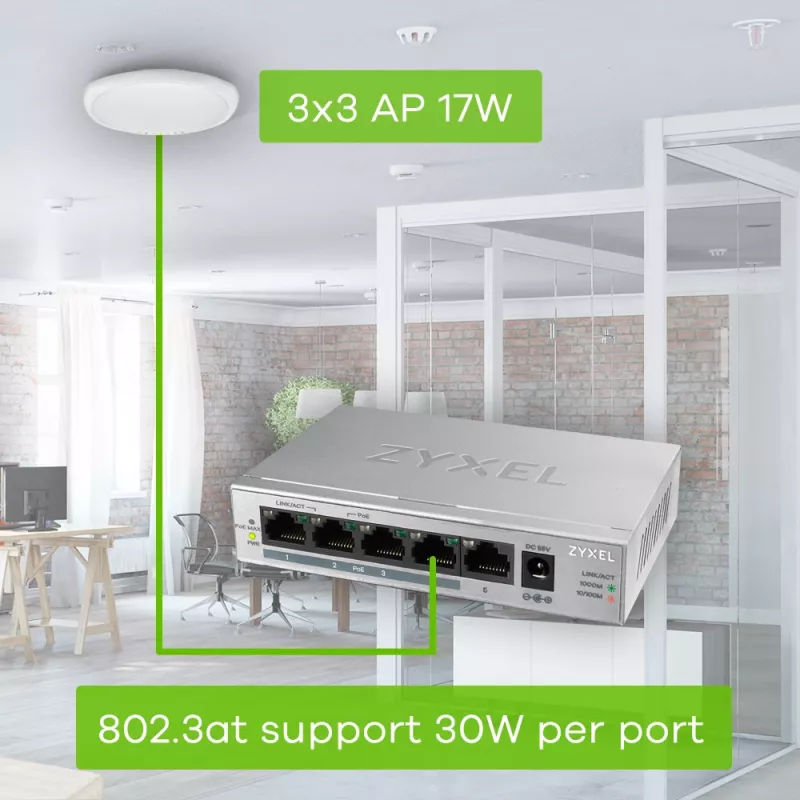 Zyxel GS1005HP Gigabit Ethernet não gerido (10/100/1000) Power over Ethernet (PoE) prateado