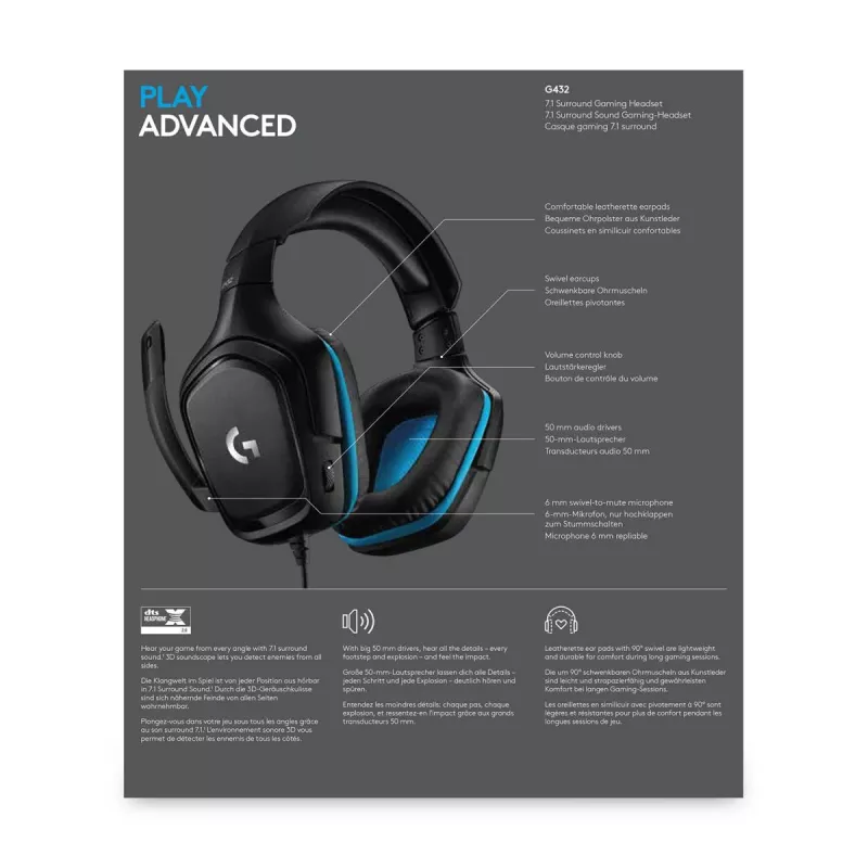 Headset gaming LOGITECH G432 - USB / 3.5mm - 7.1 Surround - azul