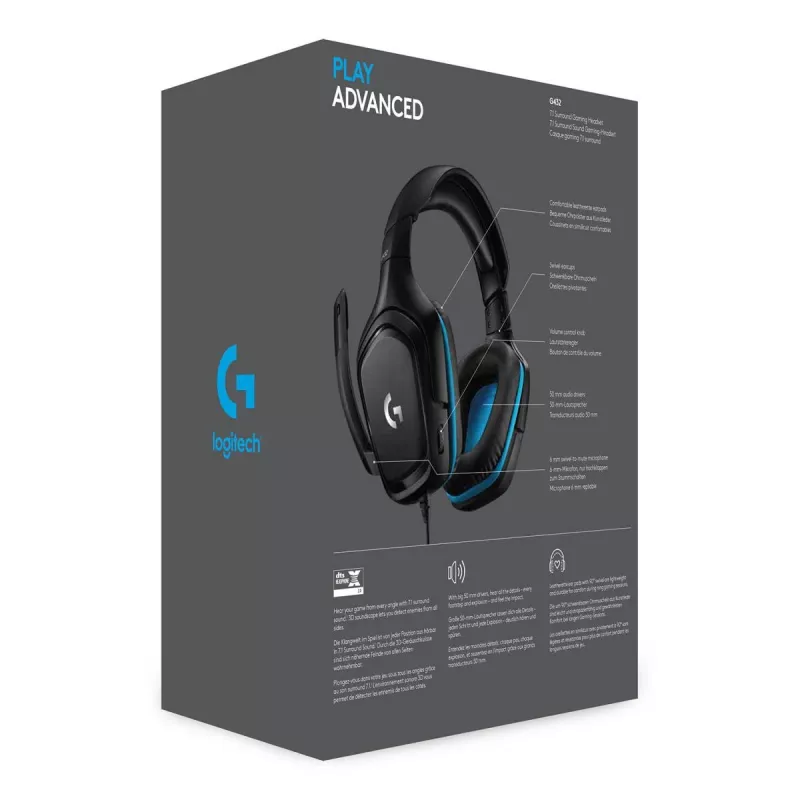Headset gaming LOGITECH G432 - USB / 3.5mm - 7.1 Surround - azul