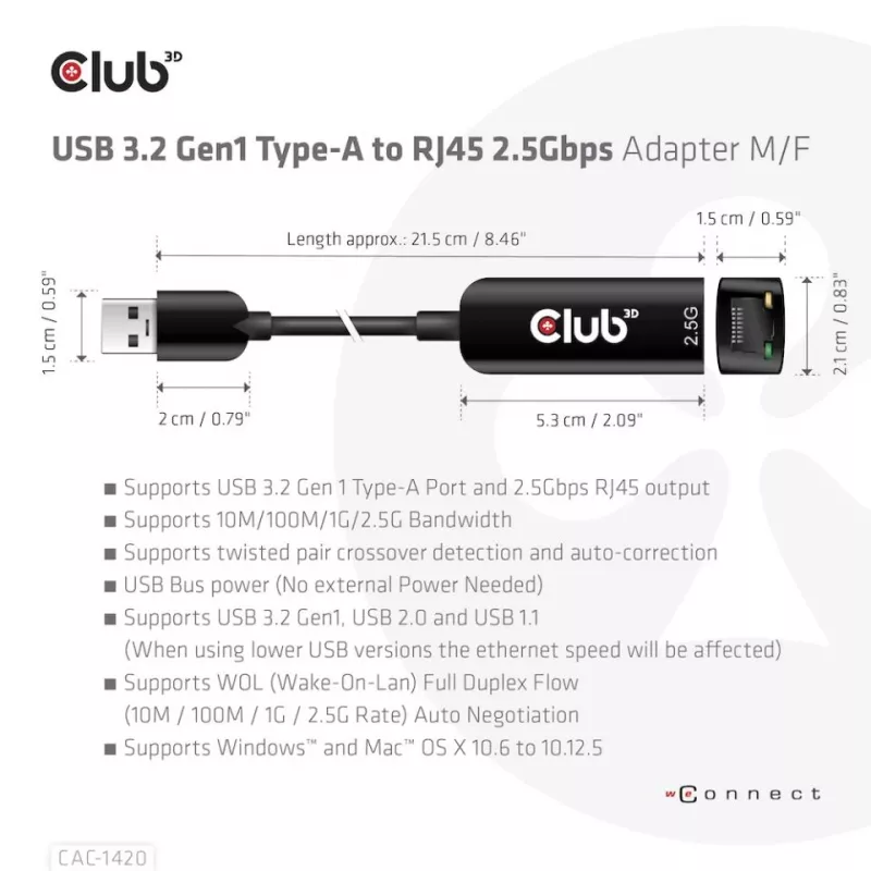 Adaptador CLUB3D USB 3.2 Gen1 Type-A para RJ45 2.5Gbps