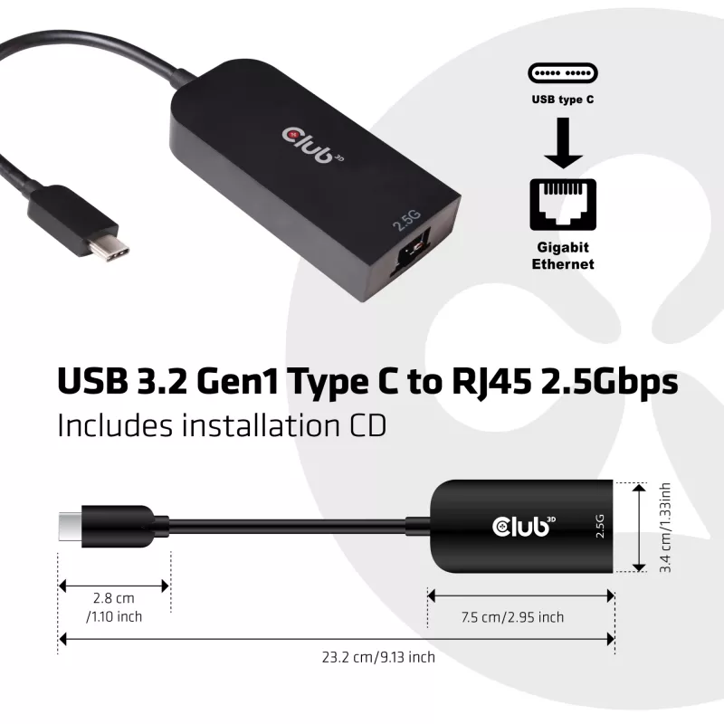 Adaptador CLUB3D USB 3.2 Gen1 Type-C para RJ45 2.5Gbps