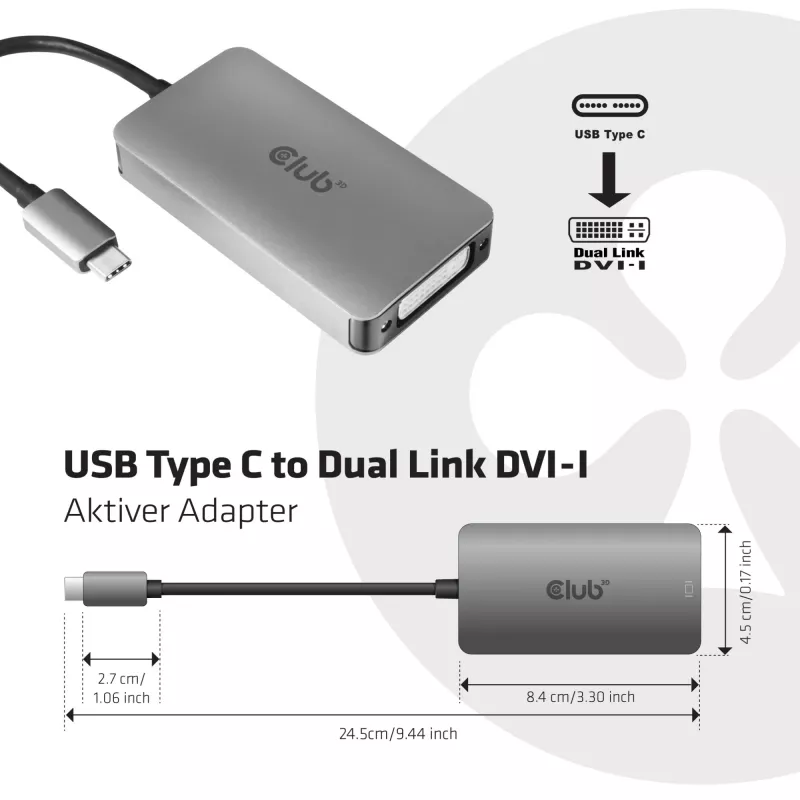 Adaptador ativo CLUB3D USB3.2 Gen1 Type-C para Dual Link DVI-D HDCP ON M/F