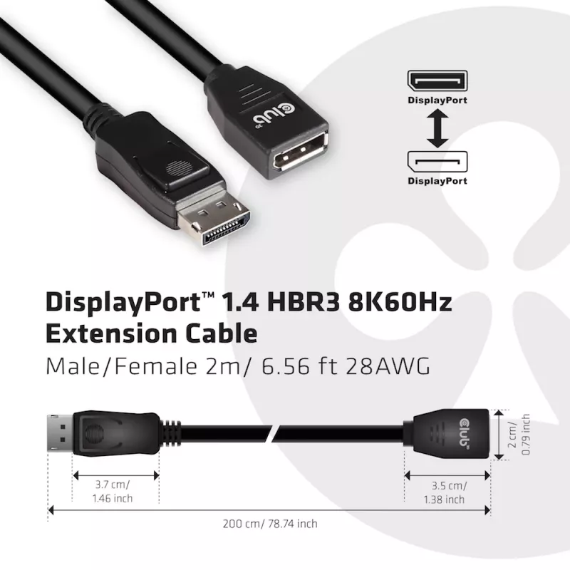Cabo de extensão CLUB3D DisplayPort 1.4 HBR3 8K60Hz M/F 2m