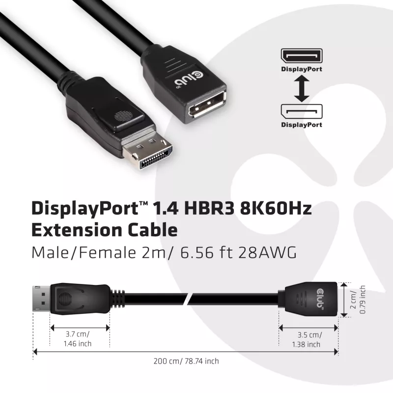 Cabo de extensão CLUB3D DisplayPort 1.4 HBR3 8K60Hz M/F 2m