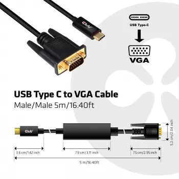 Cabo USB Type C para VGA ativo M/M CLUB3D CAC-1512 5m