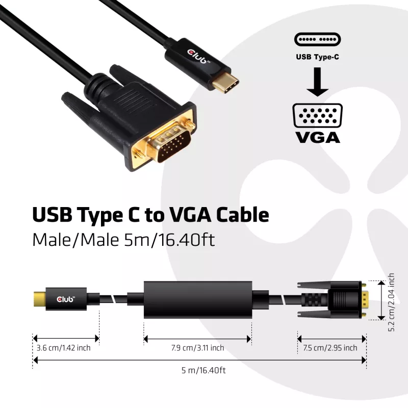 Cabo USB Type C para VGA ativo M/M CLUB3D CAC-1512 5m