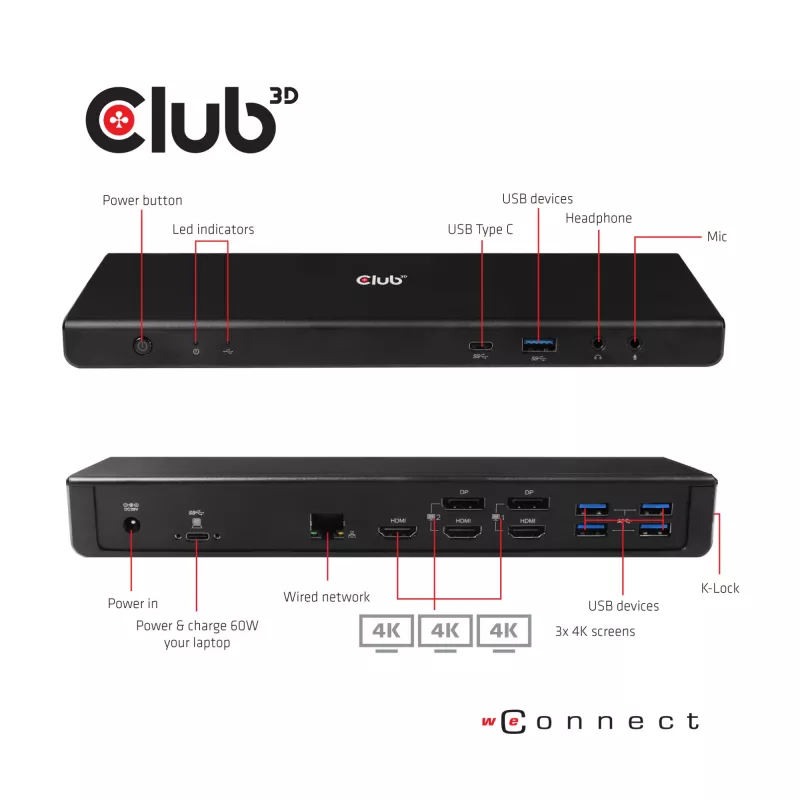 CLUB3D CSV-1562 é uma docking station universal de carregamento USB3.2 Gen1 Type-C Triple 4K30Hz e certificada DisplayLink®. A docking station universal de carregamento