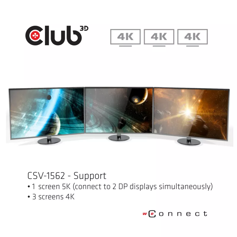 CLUB3D CSV-1562 é uma docking station universal de carregamento USB3.2 Gen1 Type-C Triple 4K30Hz e certificada DisplayLink®. A docking station universal de carregamento
