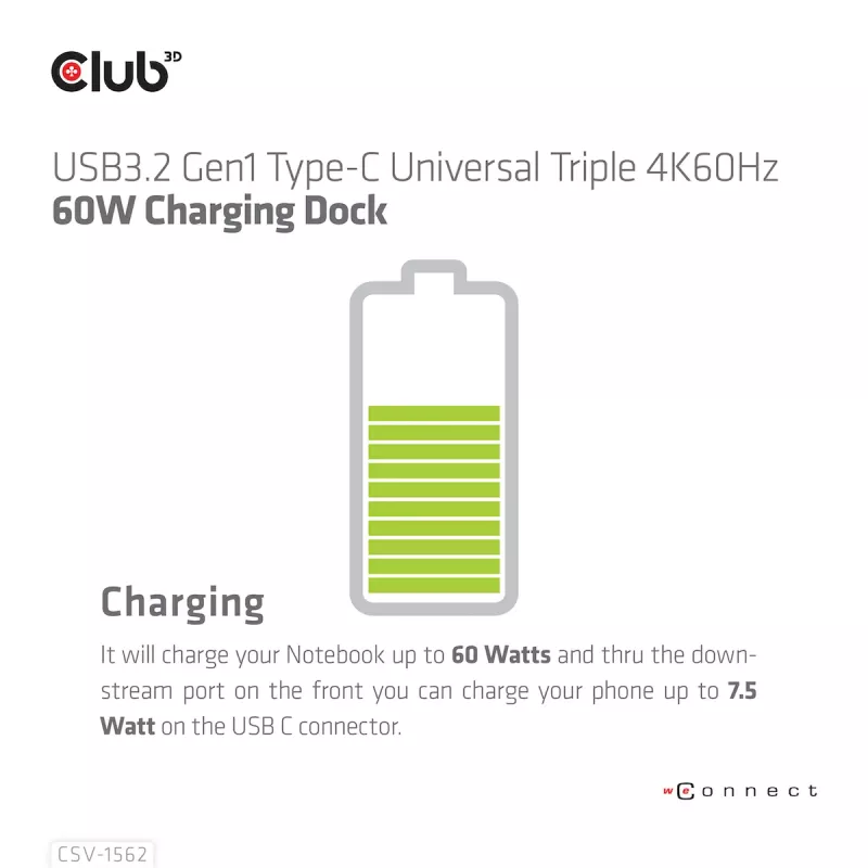 CLUB3D CSV-1562 é uma docking station universal de carregamento USB3.2 Gen1 Type-C Triple 4K30Hz e certificada DisplayLink®. A docking station universal de carregamento